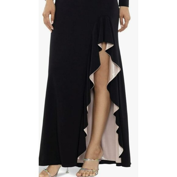 Xscape $249 Black Nude Trudy Ruffle Slit Jersey Formal Maxi Dress Gown Sz 6 NEW - Picture 3 of 8